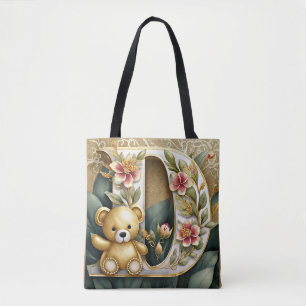 Tote Bag Ours en peluche floral lettre D