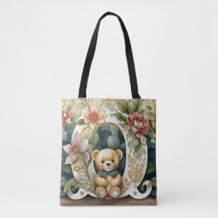 Tote Bag Ours en peluche floral lettre O