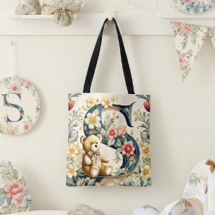Tote Bag Ours en peluche floral lettre S