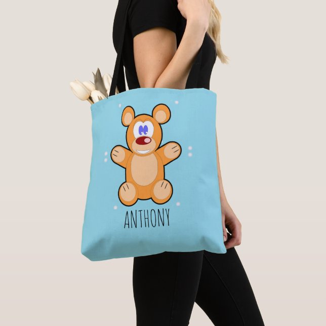 Tote Bag Ours en peluche marron sur le bleu (De près)
