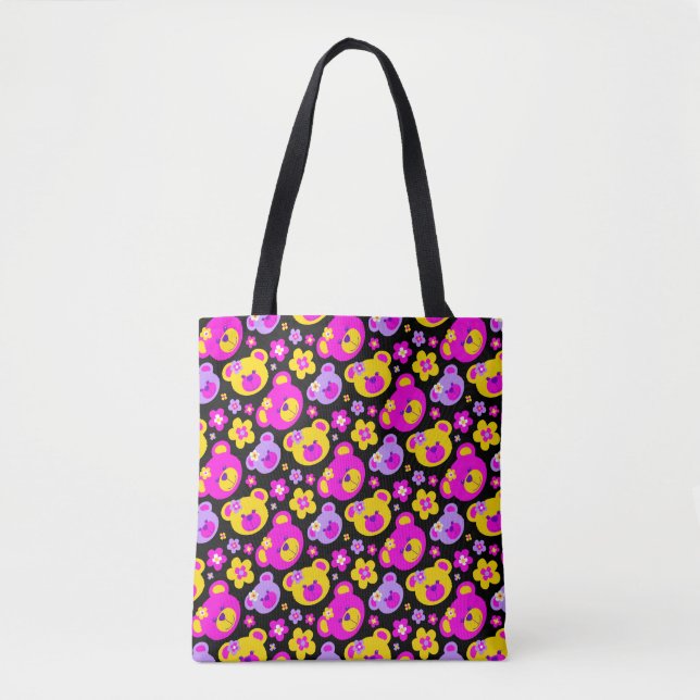 Tote Bag Ours et fleurs rose jaune à motifs (Devant)