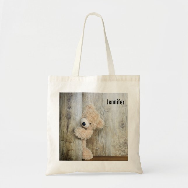 Tote Bag Ours farci mignon Fond en bois rustique (Devant)