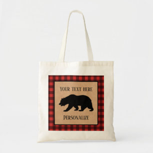 Tote Bag Ours Noir Sur Un Plaid Rouge Et Noir Personnalisé