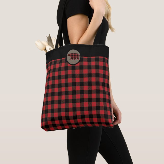 Tote Bag Ours Plaid Noir Rouge (De près)