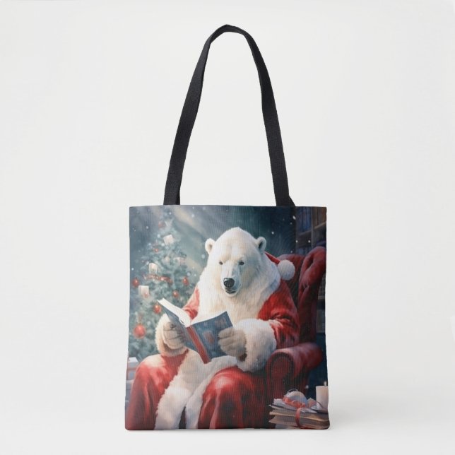 Tote Bag Ours polaire de Noël lisant (Devant)