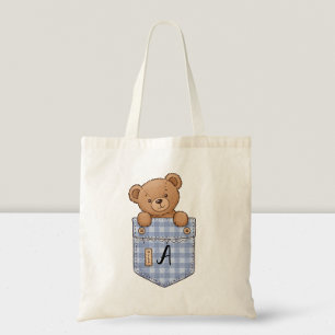 Tote Bag Ourson mignon sortant de la poche avec initiale