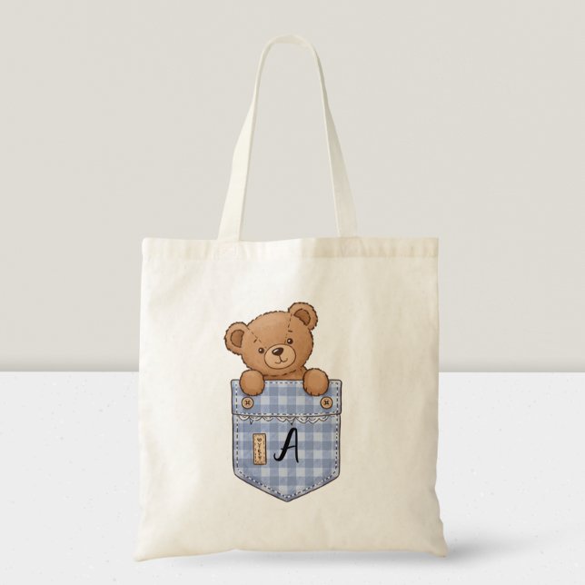 Tote Bag Ourson mignon sortant de la poche avec initiale (Créateur téléchargé)