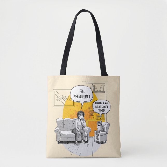 Tote Bag Overwhelmed Introvert Cat Humor Relatable Meme (Devant)