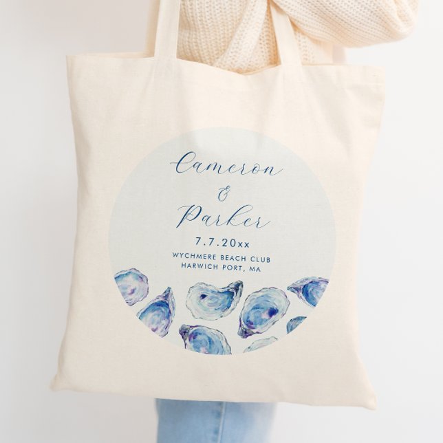 Tote Bag Oyster Blue Aquarelle Mariage Faveur (Oyster Wedding Tote bag for an elegant blue watercolor wedding favor or coastal wedding welcome bag )