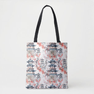 Tote Bag Pagode chinoise aquarelle aux fleurs de cerisiers
