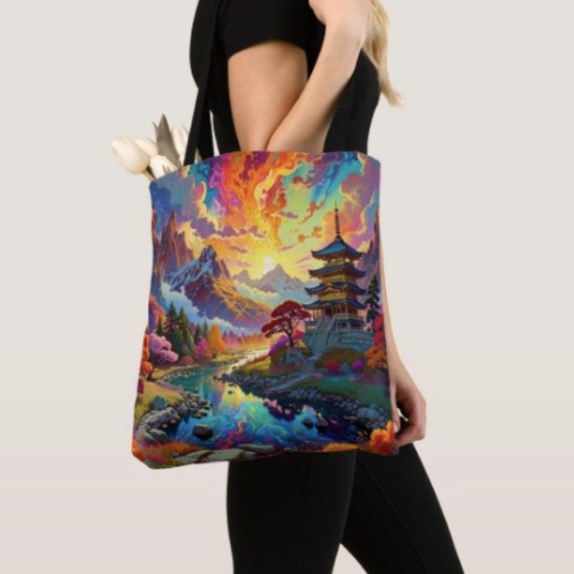 Tote Bag Pagode et paysage coloré ( Pagoda Tote Bag — 100% polyester, black laminated lining 100% cotton web hand. Made in the USA.
)