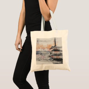 Tote Bag Pagode japonaise et Fuji à l'aquarelle 