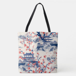 Tote Bag Pagode Japonaise Fleur de Cerisier Crème Bleue