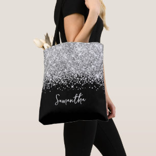 Tote Bag Pailleté Argenté et Noir Nom Glamour