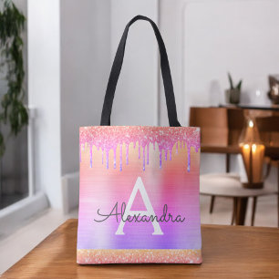 Tote Bag Pailleté de rose violet élégant monogramme