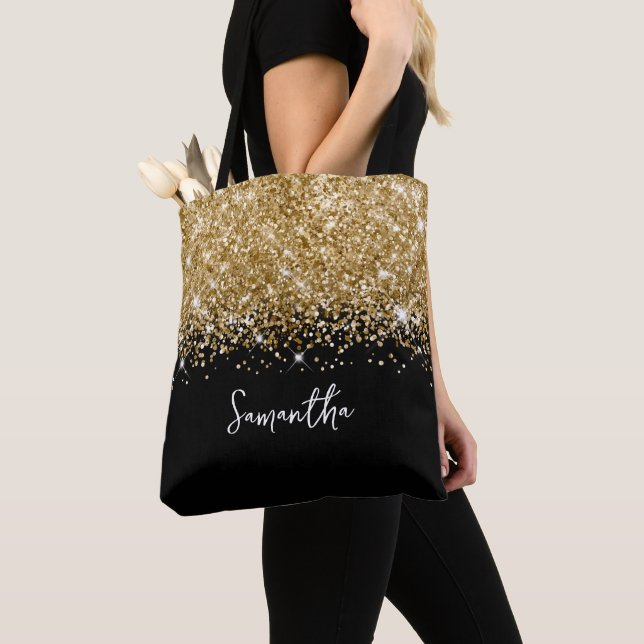 Tote Bag Pailleté Or et Nom Glamour Noir (De près)