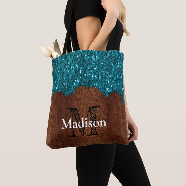 Tote Bag Pailletés bleu aqua bois brun rustique Monogramme (De près)
