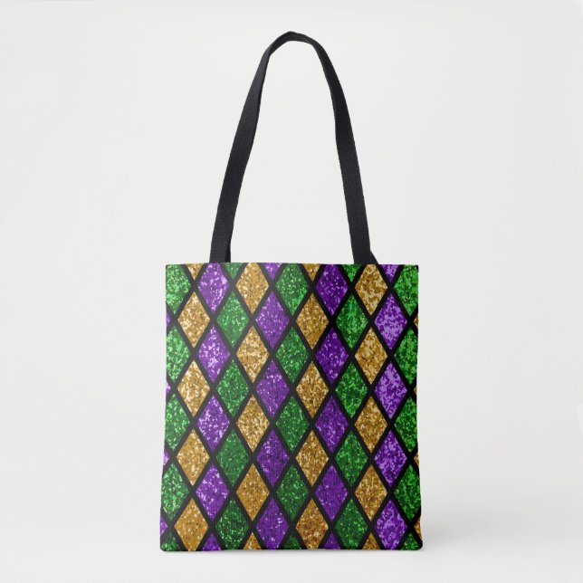 Tote Bag Paillette brillante verte, violette et dorée (Devant)