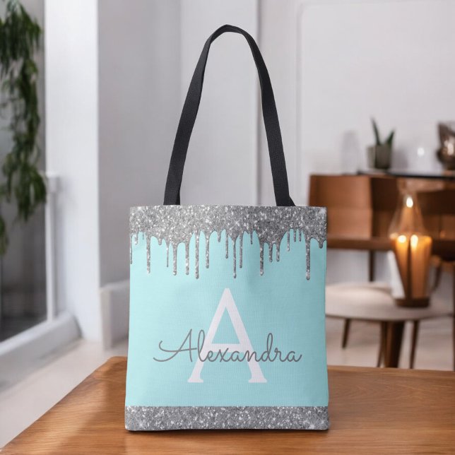 Tote Bag Paillettes Argentées Aqua Turquoise Élégant Monogr (Créateur téléchargé)