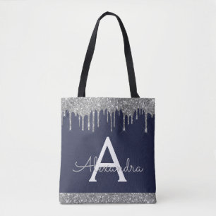 Tote Bag Paillettes Bleu Marine Argenté Monogramme Élégant