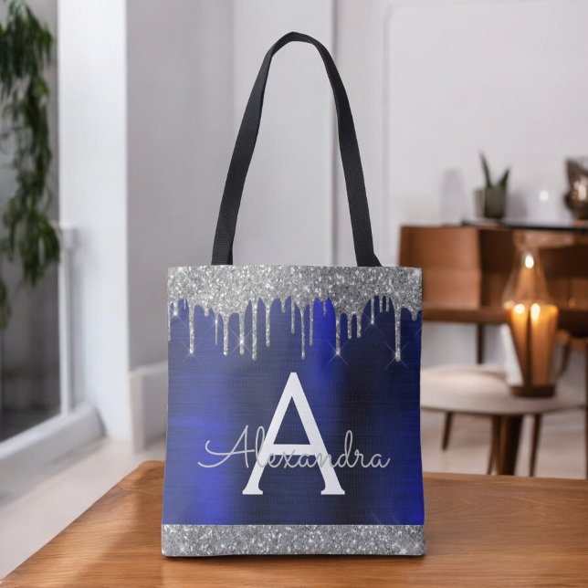 Tote Bag Paillettes Bleu Nuit Argenté Monogramme Élégant (Créateur téléchargé)