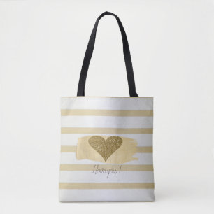 Tote Bag Paillettes de cœur girly moderne, bandes dorées