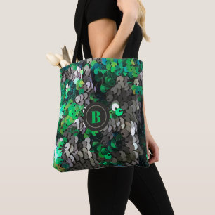 Tote Bag Paillettes de parties scintillant gris vert monogr