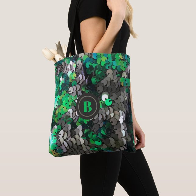 Tote Bag Paillettes de parties scintillant gris vert monogr (De près)