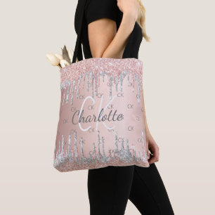 Tote Bag Paillettes d'or rose coulant monogramme argenté él