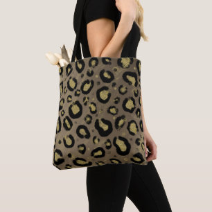 Tote Bag Paillettes Marron Doré & Imprimé Léopard Tacheté N