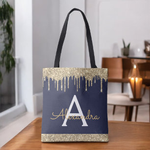 Tote Bag Paillettes Navy Blue et Or Monogramme Élégant