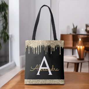 Tote Bag Paillettes Noires Dorées Étincelles Élégant Monogr