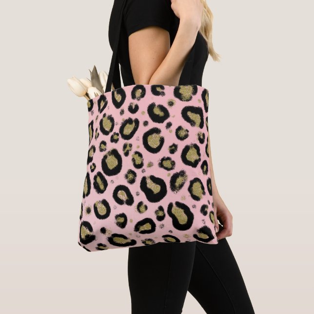 Tote Bag Paillettes Or Rose et Imprimé Léopard Guépard Noir (De près)