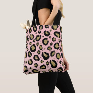Tote Bag Paillettes Or Rose et Imprimé Léopard Tacheté Noir