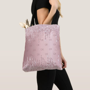 Tote Bag Paillettes roses pâles gouttes monogramme élégant