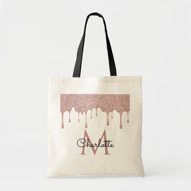 Tote Bag Paillettes roses qui dégoulinent Monogramme élégan (Devant)