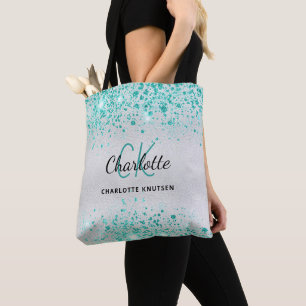 Tote Bag Paillettes vert sarcelle argenté monogramme nom gl