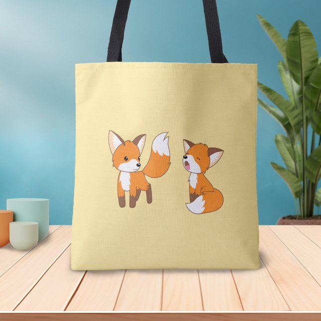 Tote Bag Paire de mignons petits renards sur jaune (Créateur téléchargé)