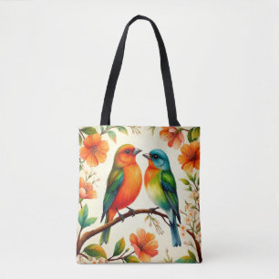 Tote Bag Paire d'oiseaux colorés assis parmi une floraison 