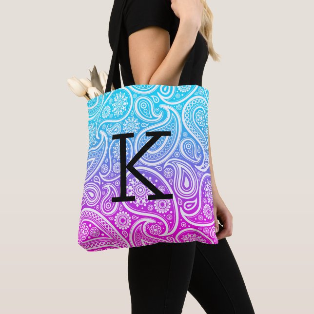 Tote Bag Paisley blanche motif sur bleu à rose ombre (De près)