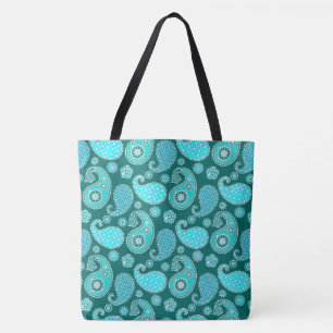 Tote Bag Paisley motif, Turquoise, Aqua et Blanc