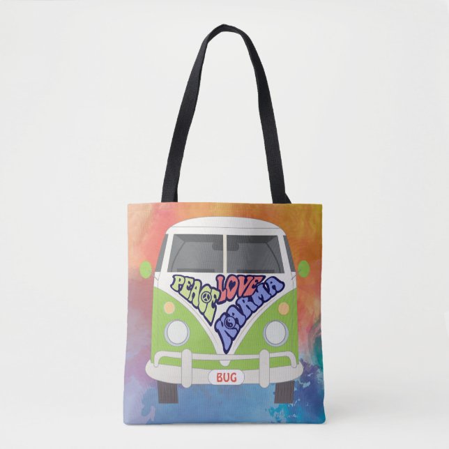 Tote Bag Paix, Amour, Karma, Hippy, aquarelle arc-en-ciel (Devant)
