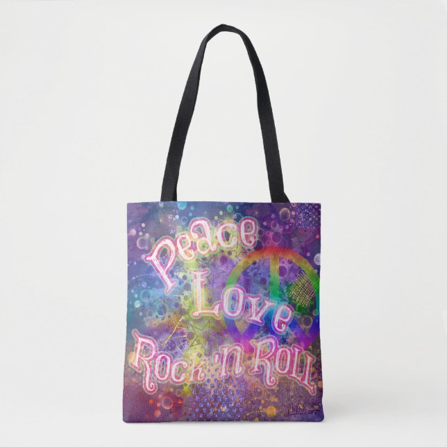 Tote Bag Paix, Amour & Rock 'n Roll | Bright Boho Hippie (Devant)