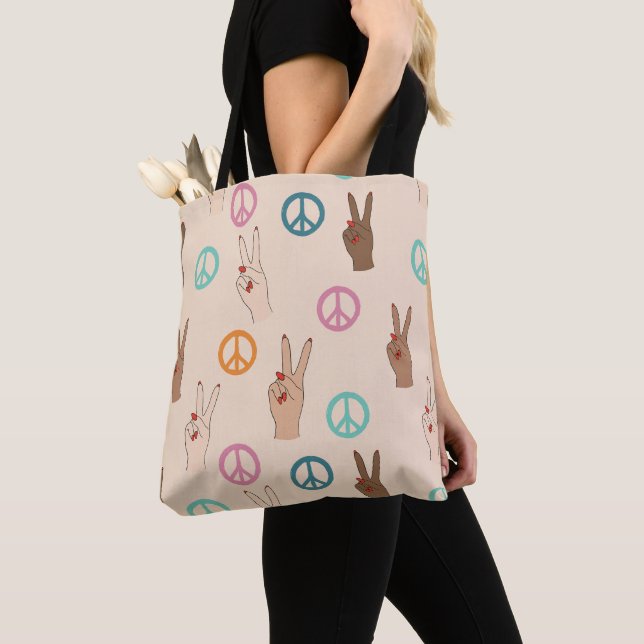 Tote Bag Paix et Amour Multicultural Motif de la main (De près)