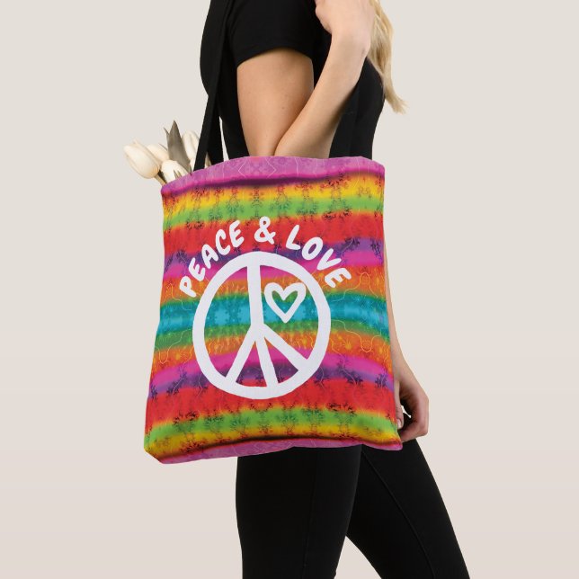 Tote Bag Paix et amour Tie Dye Stripes (De près)