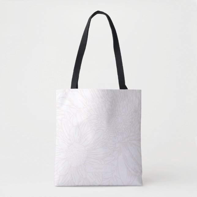 Tote Bag Pale Pink Chrysanthemums Line Drawing with Name (Devant)