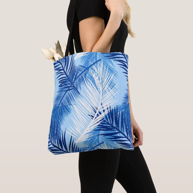 Tote Bag Palm Leaf Print, Cobalt, blanc et bleu ciel (De près)