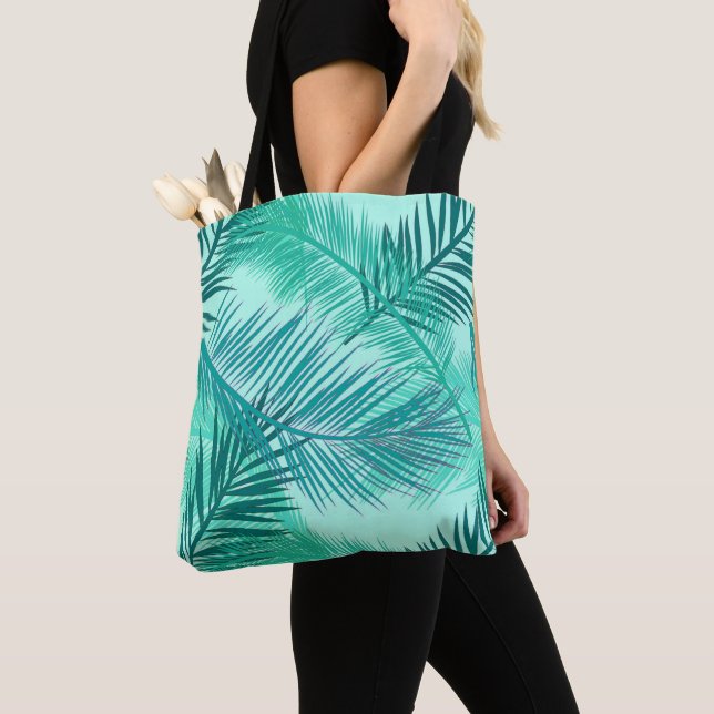 Tote Bag Palm Leaf Print, Turquoise, Turquoise et Aqua (De près)