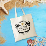 Tote Bag Palm Tree Heart Mexique Destination Mariage Bienve<br><div class="desc">Mexique destination mariage sacs d'accueil pour les invités personnalisés avec nom de couple,  date mariage et emplacement. L'illustration des palmiers encadre les détails du mariage sur la plage.</div>