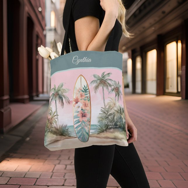 Tote Bag Palmier à fleurs de l'île tropicale w Nom (Créateur téléchargé)